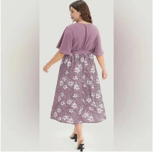 BloomChic Plus Size Floral Patchwork Pocket Belt Surplice Neck Ruffle Hem Dress - Picture 2 of 3